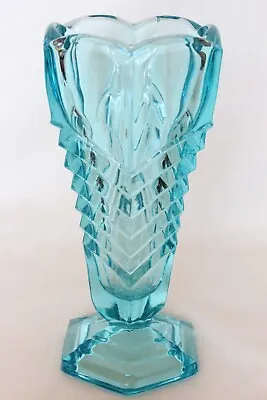Buy Art Deco Turquoise Blue Glass Hexagonal Chevron Vase By Davidson • 14.99£