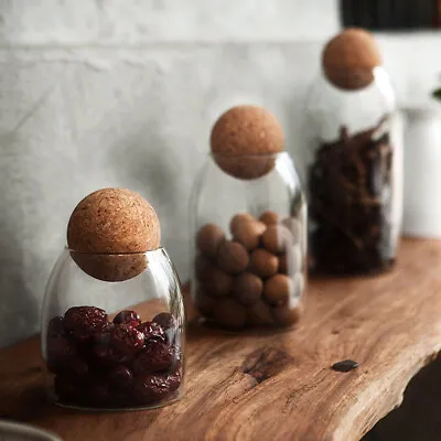 Buy 3pcs Canister Round Glass Bottle Tea Storage Jar Container With Cork Ball Lids • 10.94£