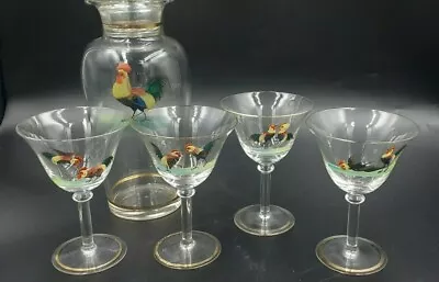 Buy Art Deco Cocktail Mixer Jug & 5 Cocktail Glasses Enameled Cock Fight Scenes • 47£