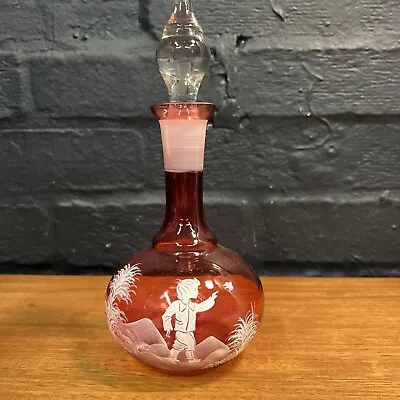 Buy Mary Gregory Cranberry Glass Painted Decanter Vintage Boy With Bird B83 • 39.99£