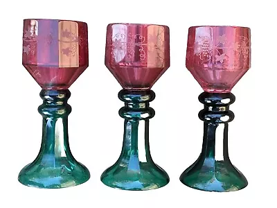 Buy Antique Bohemian Etched Ruby Crystal Port Wine Drinking Glasses 19th Century • 142.30£