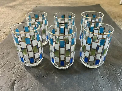 Buy MCM Libbey Nordic Mid Century Barware Glasses Blue Gold Green Squares Set Of 6 • 29.88£