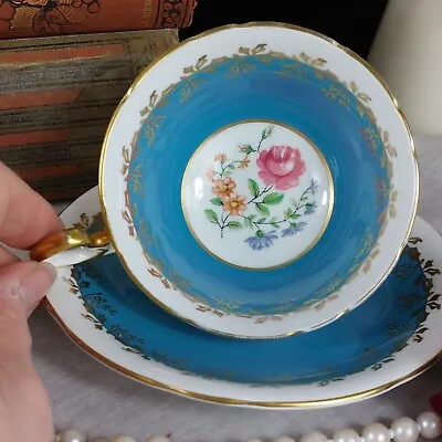 Buy Aynsley Bone China Cabinet Teacup Saucer Turquoise Gold Pink Rose. • 20£