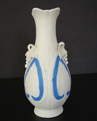 Buy Antique Parian Ware Bisque Blue White Vase Embossed Grape Clusters Leaves 6 1/4  • 14.41£