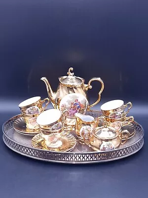 Buy Bavaria Gold Gilded Hand Painted Coffee Set With Silver Plated Serving Tray • 119.90£