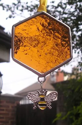 Buy Stained Glass Honeycomb With Bumble Bee Charm Suncatcher Handmade In England • 12.50£