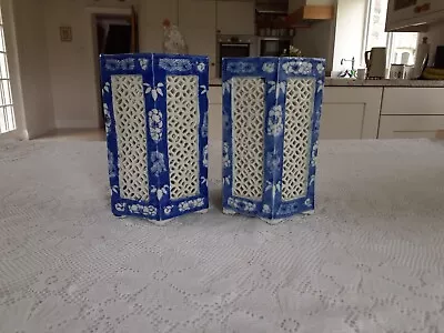 Buy Pair Of Large Antique Blue Hexagon Lattice Chinese Porcelain Cricket Cage Vases  • 100£