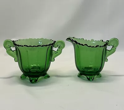 Buy Cambridge Emerald Green Glass Creamer & Sugar 1940’s Martha Pattern Tri Foot • 27.04£