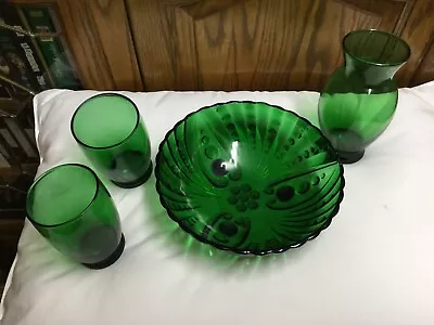 Buy Four Anchor Hocking Forrest Green Vintage Glassware, Bowl, Vase, Glasses (SALE) • 15.30£