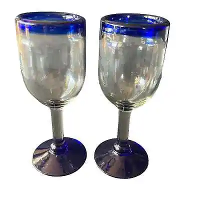 Buy Mexican Glassware Cobalt Blue Rim Wine Glasses 8” Set Of 2 • 18.99£