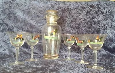 Buy Art Deco Cocktail Mixer Jug & 5 Cocktail Glasses Enameled Cock Fight Scenes • 47£