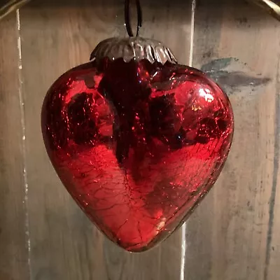 Buy Red Antique Mercury Crackle Glass Hanging Heart Kugel Valentines Day 2 • 12£