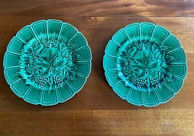Buy PAIR Of Sarreguemines French Green Majolica Pottery Plates Signed Faience France • 40£