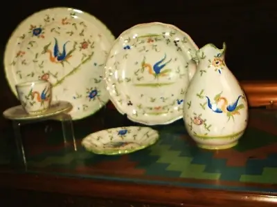 Buy VINTAGE  FRENCH MATET FAIENCE FAIT MAIN WITH FANTASTICAL BIRDS Pottery 5 Pieces • 30£