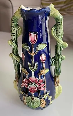 Buy Antique Josef Strnact Majolica Austria Art Pottery Vase Blue, Green Pink Flowers • 65£