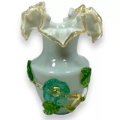 Buy Vintage Stevens Williams Blue Floral Ruffled Gold Rim Glass Vase Applied Flowers • 52.76£