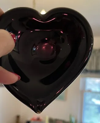 Buy Black Amethyst Glass Trinket Dish Heart Shape Solid Piece - Tiny Chip Vintage • 46.10£
