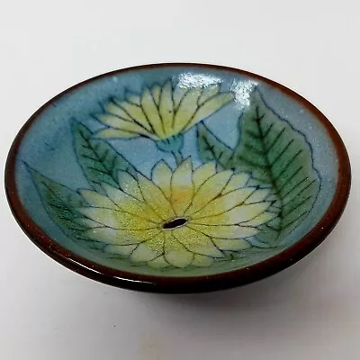 Buy Chelsea Pottery Small Footed Yellow Flower Hand Made Trinket Pin Dish Blue Green • 12£
