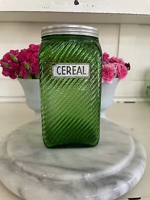 Buy Vintage Green Glass Cereal Jar 7-1/4 In. Owens-Illinois Diagonal Rib Canister • 33.05£