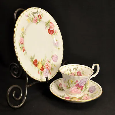 Buy Royal Albert Footed Trio Cup Saucer Salad Plate April Sweet Pea W/Gold 1970 • 65.52£