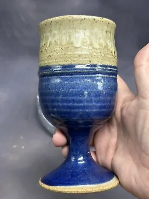 Buy Art Pottery Goblet Chalice Wine Glass Stoneware Blue Beige Glaze Signed • 20.79£