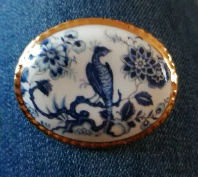 Buy Ansley Vintage Bone China Brooch Blue Oriental Bird Gilt Edged Made In England • 19.99£
