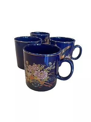 Buy Vintage Set Of 4 Heritage Mint Cobalt Blue Pheasant & Flowers Mugs Japan • 33.75£
