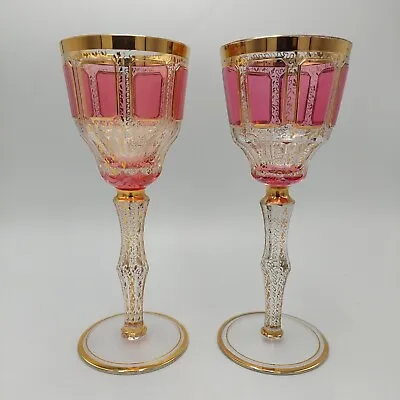 Buy Antique Bohemian Moser Cabochon Cut Art Glass Cranberry Gilt Goblets STUNNING • 213.98£