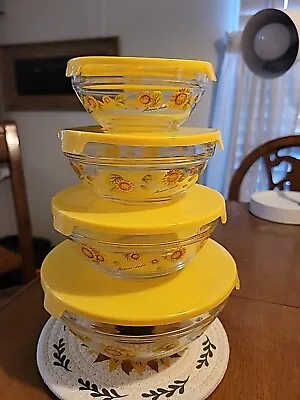 Buy Vintage Set Of 4 Small Nesting Storage Bowls Sunflower Imperial Glass W/ Lids  • 18.24£