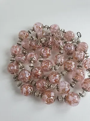 Buy Art Deco Flapper Venetian Pink & Gold Aventurine Sommerso Glass Bead Necklace • 30£