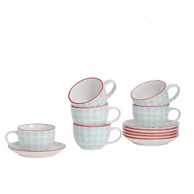 Buy 12 Piece Hand-Printed Cappuccino Cup & Saucer Set Tea Coffee Cups 14cm • 21£