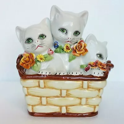 Buy Vintage Majolica Figurine Cat Kitten Flowers Basket Hand Painted Italy Signed • 55.03£