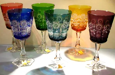 Buy Set 6 CAESAR CRYSTAL Multi-Colored Wine Glasses Hand Cut To Clear Overlay Czech • 331.91£