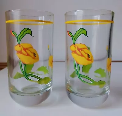 Buy 2 Matching Vintage 1970's Retro Tumbler Glasses With Yellow Poppy Flower Design • 10£