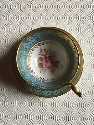 Buy Aynsley Tea Cup And Saucer, Bone China, Turquoise And Gold, Pink Rose.  • 40£