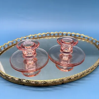 Buy Vintage Blush Pink Depression Glass Candle Holders, Pair Of Low Candlesticks • 30.88£