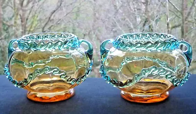 Buy Antique Pair Bohemian Amber Glass Bowls With Blue Lampwork Decoration & Handles • 7.99£