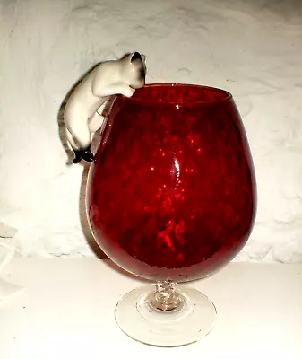 Buy 1960s Swedish Ruby Red Dimple Oversized Brandy Glass Snifter With Cat + Mouse • 35£