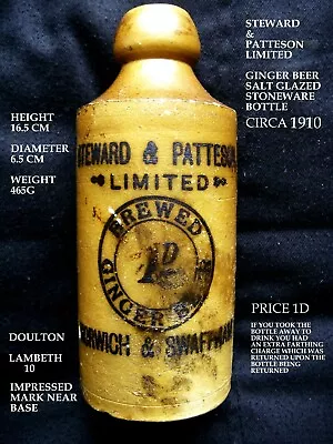 Buy Doulton LAMBETH Salt Glazed Stoneware STEWARD & PATTESON Ginger Beer Beer 1910 • 9.99£