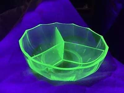 Buy Vintage Art Deco Green Uranium  Glass 3 Part Divided Bowl Collectable 1930’s • 9.95£