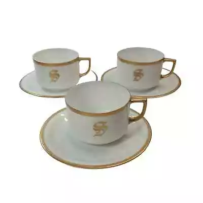 Buy Lot Of 3 Thomas Cups And Saucers Monogrammed “S” Bavarian China White And Gold • 14.40£