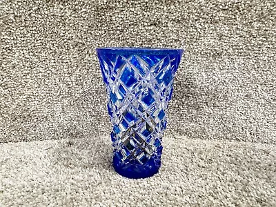 Buy Vintage Cobalt Blue Bohemian Czech Cut To Clear Glass Vase Floral Flower • 19.99£