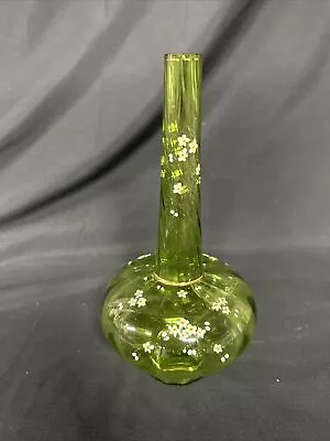 Buy 11” Hand Blown • Tall Neck • Vintage Green Flora Bohemian Or Czech • Footed Vase • 28.81£