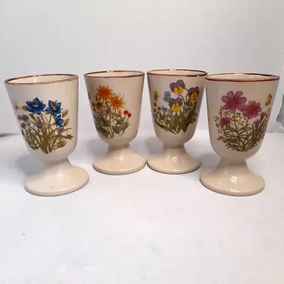 Buy 4x Stoneware Pottery Goblet Stem Glass Set Glazed Speckled W/ Multi Flowers • 6.99£