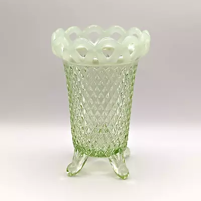 Buy Vaseline Glass Footed Spooner Diamond Pattern Lace Rim Opalescent Celery Green • 47.90£