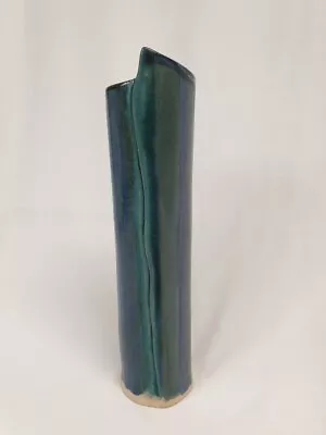 Buy Studio Pottery Bud Vase 18 Cm High Folded Design Blue Green Glaze  • 8£