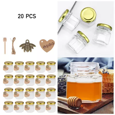 Buy 20 Pack Hexagonal Glass Honey Jars - 4.5 X 5cm Small Pots With Lid & Dipper 45ml • 11.94£