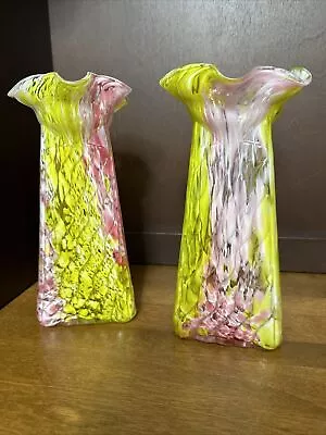 Buy 2 Victorian Spatter Glass Vases Triangular W/Ruffled Rim, Yellow & Pink Vintage • 24.32£
