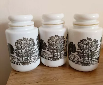 Buy Set Of 3 White Glass Vintage Storage Jars Canisters With Countryside Design • 10£