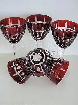 Buy AJKA HUNGARY RUBY RED CASED CUT TO CLEAR LEAD CRYSTAL WINE GOBLETS Set Of 6 • 592.02£